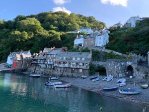 a group of boats sitting on the shore of a river at Red Lion Hotel in Clovelly