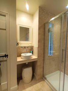 ein Bad mit einem WC, einem Waschbecken und einer Dusche in der Unterkunft Idyllic Country Cottage near Soho, Oxford & Cotswolds in Banbury