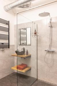 a bathroom with a shower and a sink at PASSAGE - historic boutique suite in Haarlem