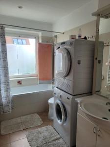 een badkamer met een wasmachine en een wastafel bij Ferienwohnung Korneuburg bei Wien in Korneuburg