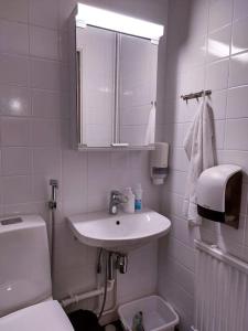 y baño con lavabo, aseo y espejo. en Ellin Pooli 3, en Sastamala