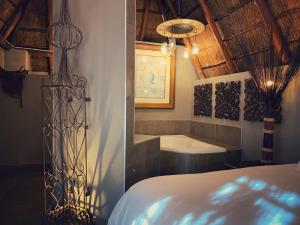 ein Schlafzimmer mit einer Badewanne und einem Bett in einem Zimmer in der Unterkunft Little Eden Guest Lodge in Vanderbijlpark