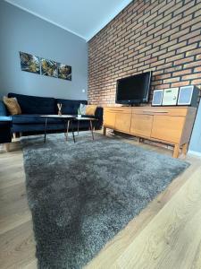 a living room with a couch and a television at Chcę tu zostać Apartamenty Gdynia in Gdynia