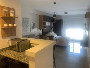 Una cocina con encimera y una sala de estar. en Estrella Centro - Con Cochera - Solo autos, en San Miguel de Tucumán 8 fotos más