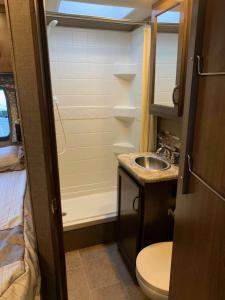 ein kleines Bad mit einem Waschbecken und einem WC in der Unterkunft AJ-XL RV Rental in Reseda