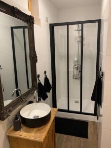 een badkamer met een wastafel en een douche met een spiegel bij Varga Apartman in Sopron