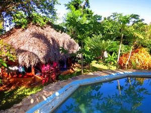 a resort with a swimming pool and a thatch hut at La Rancheta in Las Galeras