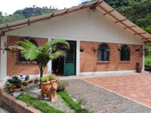 a brick house with a palm tree in front of it at Casa Flórez Hotel Campestre in Ibagué