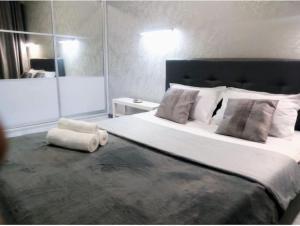 ein Schlafzimmer mit einem großen Bett und einem großen Spiegel in der Unterkunft Прекрасная квартитира в г. Алматы in Almaty