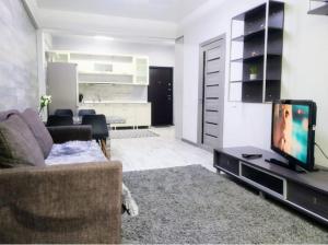 een woonkamer met een bank en een tv bij Прекрасная квартитира в г. Алматы in Alma-Ata