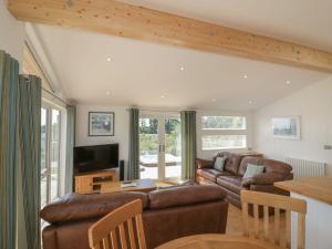 a living room with a couch and a television at 2 Faraway Fields in Liskeard