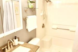a bathroom with a sink and a toilet and a mirror at Cheerful 3-BR home near Downtown Dayton, Wright Patterson AFB and Airport in Dayton +20 photos