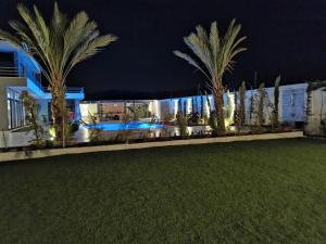 una fila de palmeras delante de un edificio por la noche en The Legend Villa فيلا الاسطوره, en Sowayma