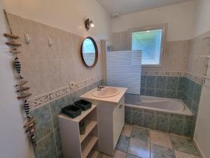 łazienka z umywalką, wanną i lustrem w obiekcie La Cabane au Carbet Piscine chauffée au calme dans la nature w mieście Sainte-Eulalie-en-Born