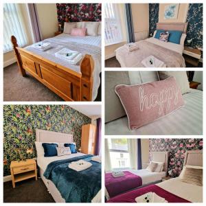 un collage de 4 fotos de un dormitorio con 2 camas en Breeze B&B en Llandudno