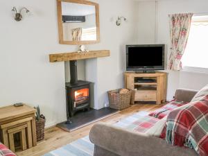 a living room with a wood stove and a tv at 8 Stonegate in High Bentham