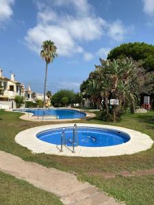 two swimming pools in a park with a palm tree at Chalet adosado corta temporada 2 dormitorios in Benalmádena