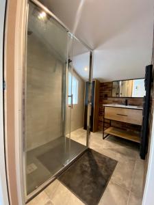 una doccia in vetro in un bagno con lavandino di Magnifique grange avec spa / love room a Saint-André-de-Cubzac