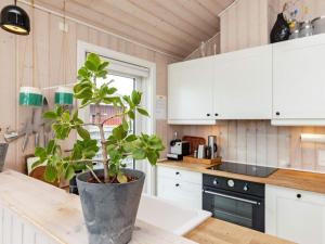 カーテミンドにある5 person holiday home in Kertemindeの白いキャビネットとカウンターの鉢植えの台所