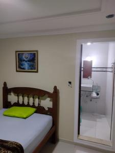 a bedroom with a bed with a green pillow and a mirror at Hospedagem da Val in Angra dos Reis