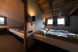 a bedroom with two beds and a mirror at Köpfle Alpe in Balderschwang