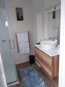 a bathroom with a sink and a shower at Carters Beach Bed and Breakfast in Westport
