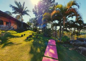 een tuin met palmbomen en een roze pad bij Pousada Por do Sol in Serra Negra