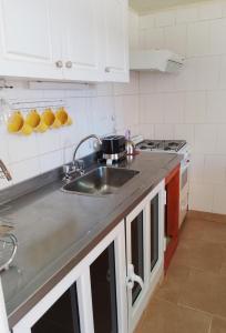 eine Küche mit einer Spüle und einem Herd in der Unterkunft Antü in Puerto Pirámides