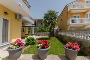two flower pots with flowers in them next to a house at Apartment Tarle in Vodice