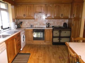 a kitchen with wooden cabinets and a stove top oven at Rose Cottage in Kilcrohane