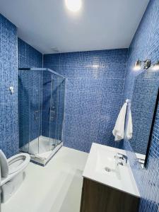 y baño de azulejos azules con lavabo y ducha. en HOSPEDAJE COLONIA VALLECAS, en Madrid