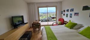 a bedroom with a bed and a television and a window at Chambres d'Hôtes Relais Milord in Estialescq