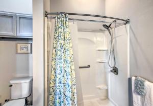 a bathroom with a shower with a shower curtain at Granvilles Blue Cottage Porch and River View! in Granville +18 photos