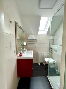 a bathroom with a red sink and a toilet at Reibersdorfer Hof in Parkstetten