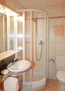 y baño con ducha, lavabo y aseo. en Alfa Appartements Superior en Leukerbad