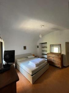 Dormitorio con cama, escritorio y TV en Casa vacanza Pegrini nel centro storico di Gavi, en Gavi