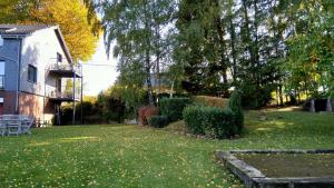 马尔梅迪地平线公寓酒店的一座有房子和灌木丛及树木的院子