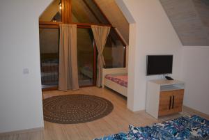 a room with a bedroom with a tv and a bed at cabana din padure in Finiş