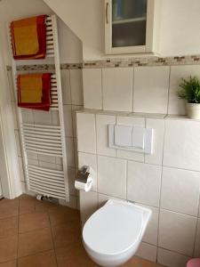 a bathroom with a white toilet in a room at Ferienwohnung Lopperland in Hinte in Hinte