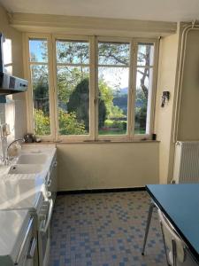 - une cuisine avec un évier, 2 fenêtres et une table dans l'établissement Location maison à Chadron : Haute Loire, 