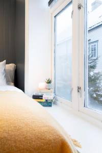 1 dormitorio con cama y ventana en The Golden Lion Street Getaway, en Trondheim