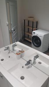 a bathroom sink with a mirror and a washing machine at Hyper centre - 3 chambres - Gare - wifi - cosy in Bourg-en-Bresse