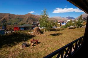 vista su un cortile con tavolo da picnic e griglia di Gudauri Smart Apartment a Gudauri