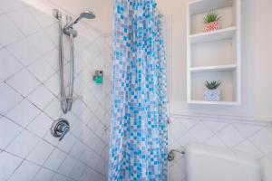 baño con ducha con cortina de cristal azul en Wine Apartments Florence Prugnolo, en Florencia