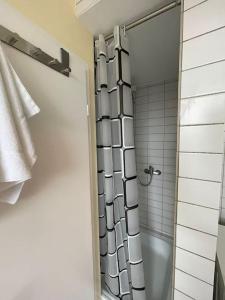 a bathroom with a shower with a shower curtain at City-Wohnen in Düren im Boho-Style in Düren - Eifel