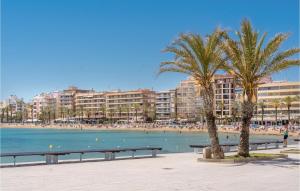 two palm trees on a beach with buildings in the background at Gorgeous Apartment In Torrevieja With Kitchen in Torrevieja