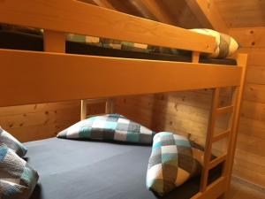 Etagenbett mit zwei Kissen in einer Hütte in der Unterkunft Kuschelhüsli Garfrescha Wohnung Madrisella in Aussersiggam