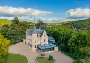 una vista aérea de un castillo en el bosque en Château des Reynats en Chancelade