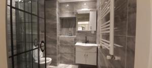 a bathroom with a sink and a toilet and a mirror at Aymira Suite Hotel in Istanbul