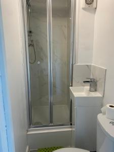 a bathroom with a shower and a toilet and a sink at Accommodation HUB Studio 3 in London